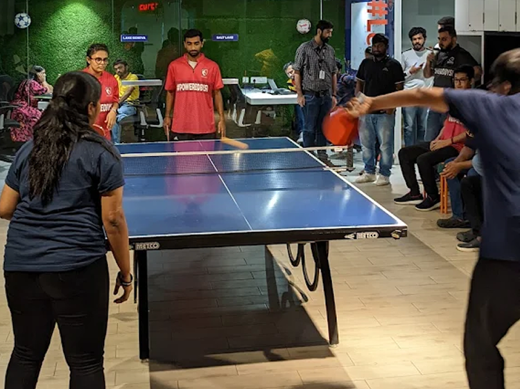 Office wall with sports memorabilia